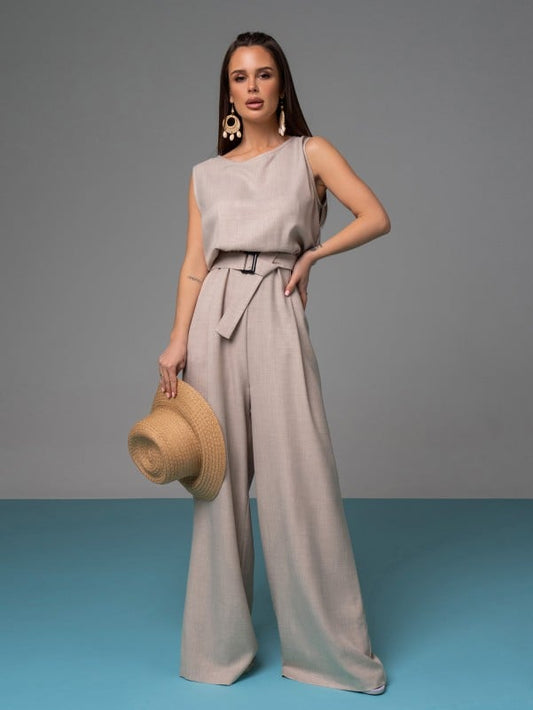Textured Linen Jumpsuit -sku 14626A