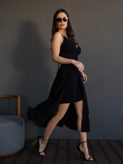 Linen black suit with train