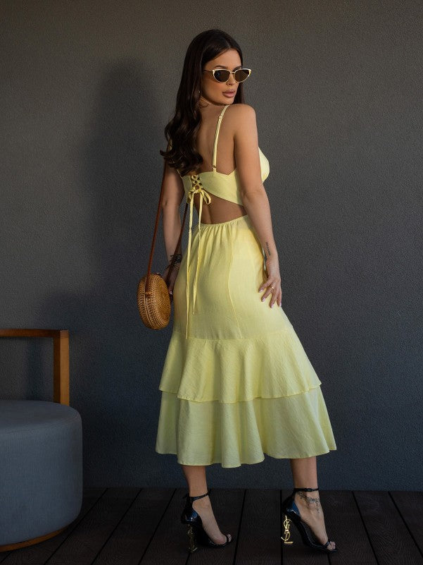 Linen Yellow Suit with Train