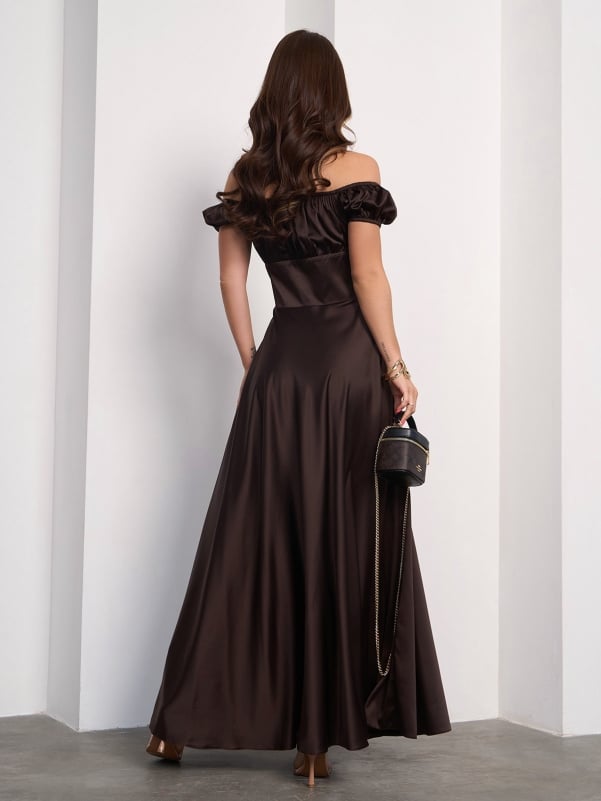 Dark Brown Silk long Dress with Slit #14755