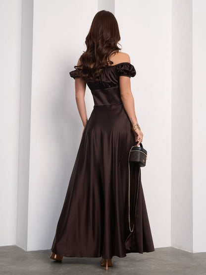 Dark Brown Silk long Dress with Slit #14755