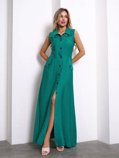 Long Linen Shirt Dress Green- sku 14757