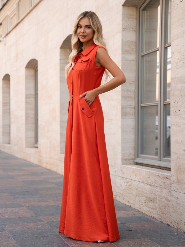 Long Linen Shirt Dress Orange -sku  14757