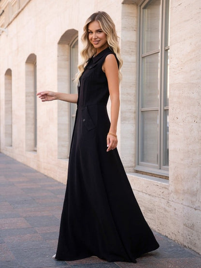 Long Linen Shirt Dress Black- sku 14757