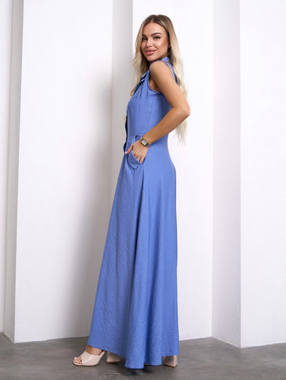 Long Linen Shirt Dress Blue- sku 14757
