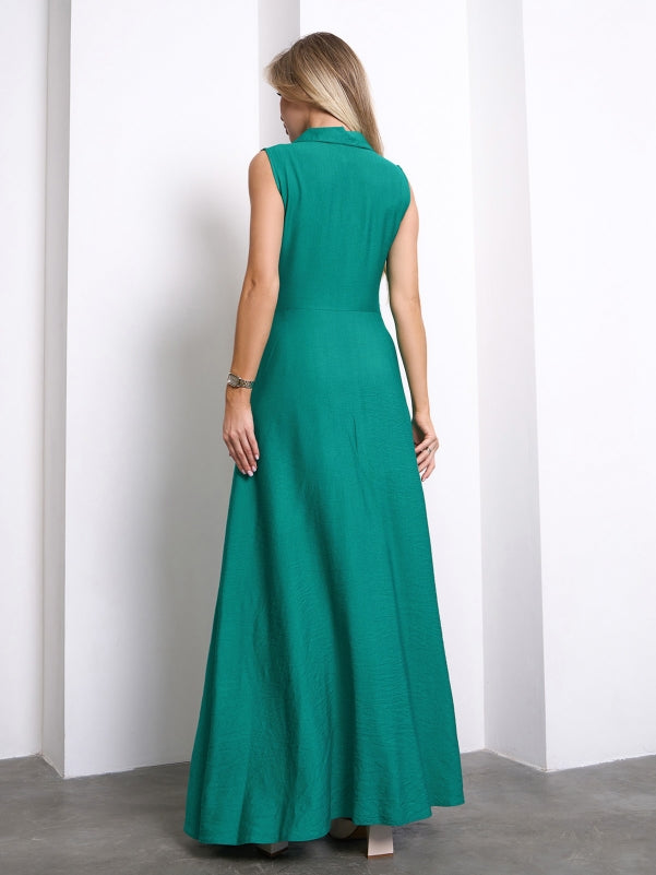 Long Linen Shirt Dress Green- sku 14757