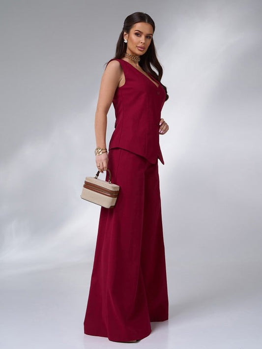 Burgundy linen suit with palazzo pants