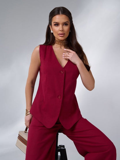 Burgundy linen suit with palazzo pants
