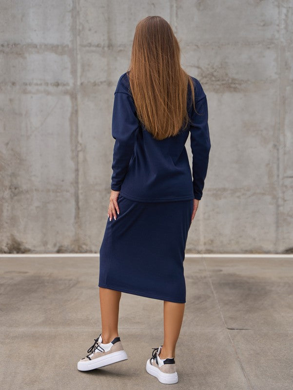 Dark Blue Angora Insulated Suit with Pencil Skirt - sku 14833