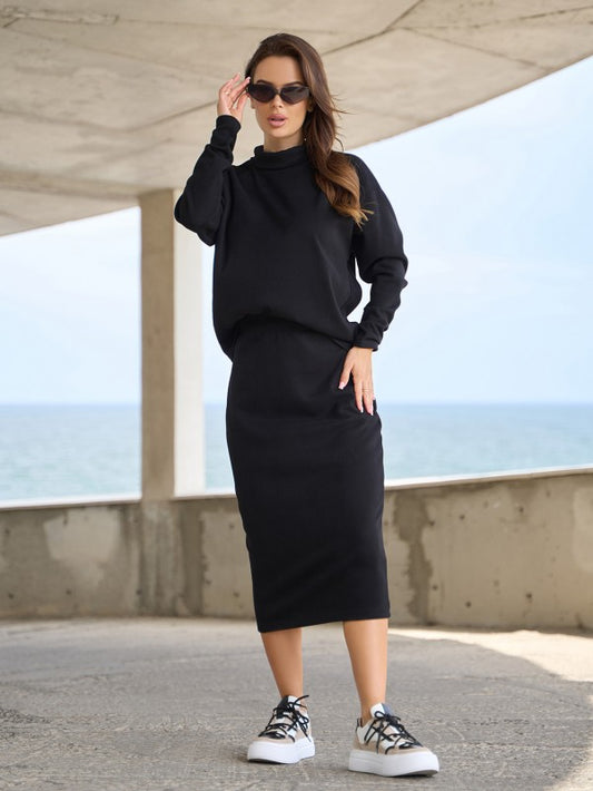 Black Angora Insulated Suit with Pencil Skirt - sku 14833