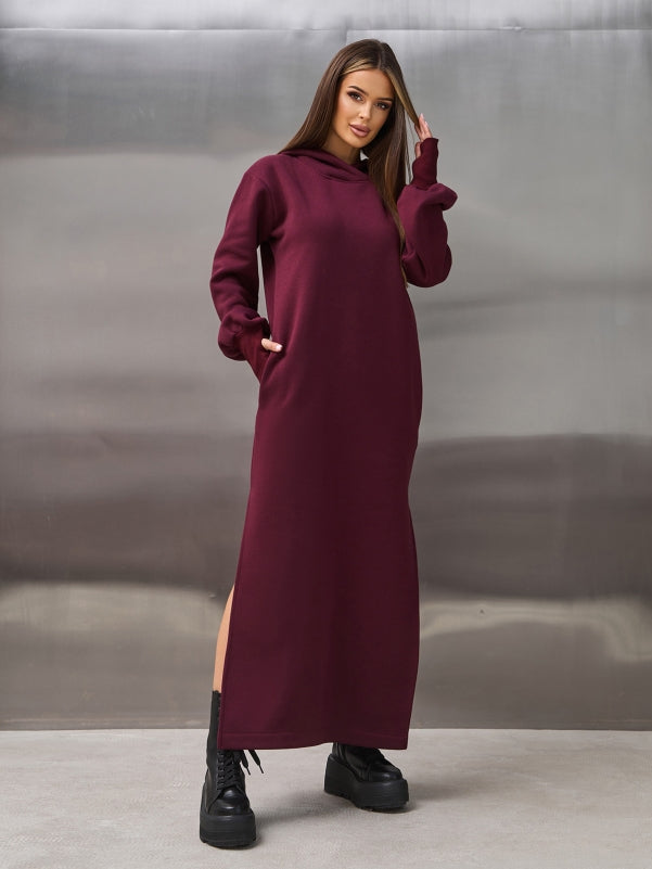 Burgundy Warm Maxi Dress with Slits-sku 14899