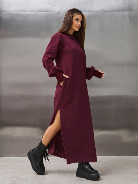 Burgundy Warm Maxi Dress with Slits-sku 14899