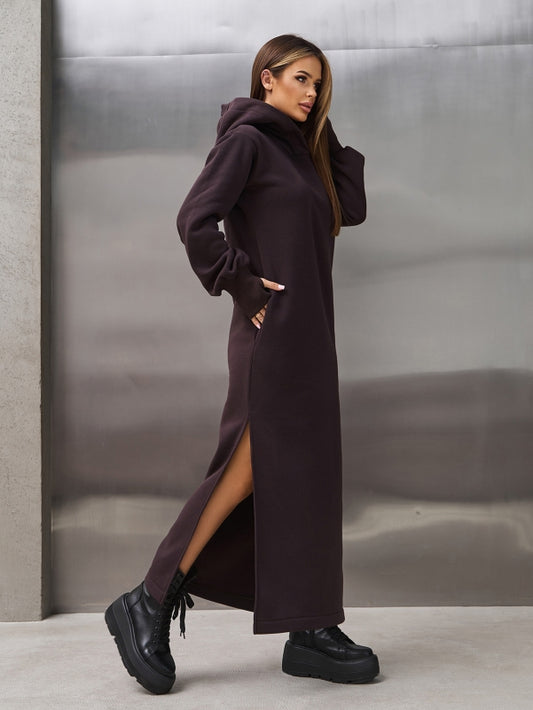 Dark Brown Warm Maxi Dress with Slits-sku 14899