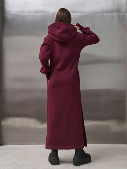 Burgundy Warm Maxi Dress with Slits-sku 14899
