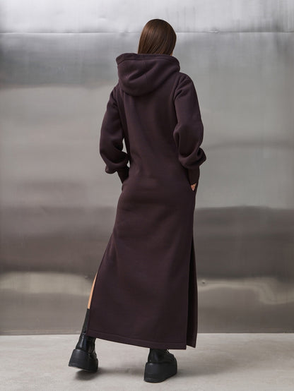 Dark Brown Warm Maxi Dress with Slits-sku 14899