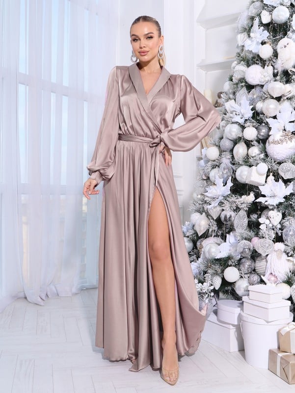 Beige Silk Dress with a Floor-Length Cut-sku  14969