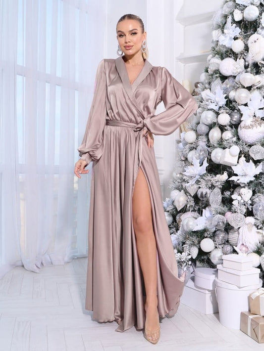 Beige Silk Dress with a Floor-Length Cut-sku  14969