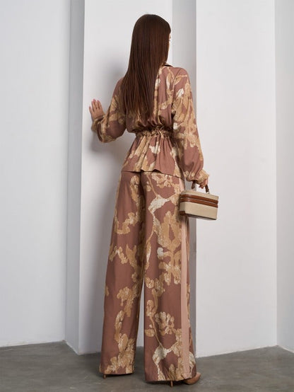 Brown Kimono Pantsuit Made of Printed Cotton -sku 15050