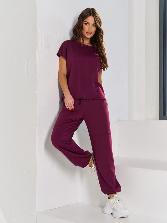 Burgundy pantsuit with a T-shirt -sku 15057
