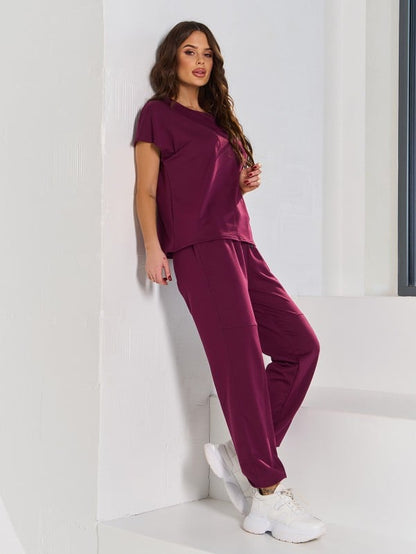 Burgundy pantsuit with a T-shirt -sku 15057