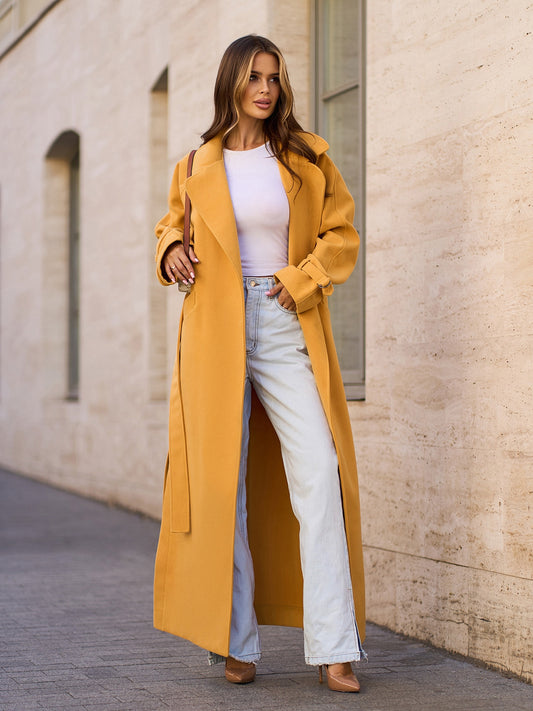 Mustard Long Coat with Side Slits-sku 15090