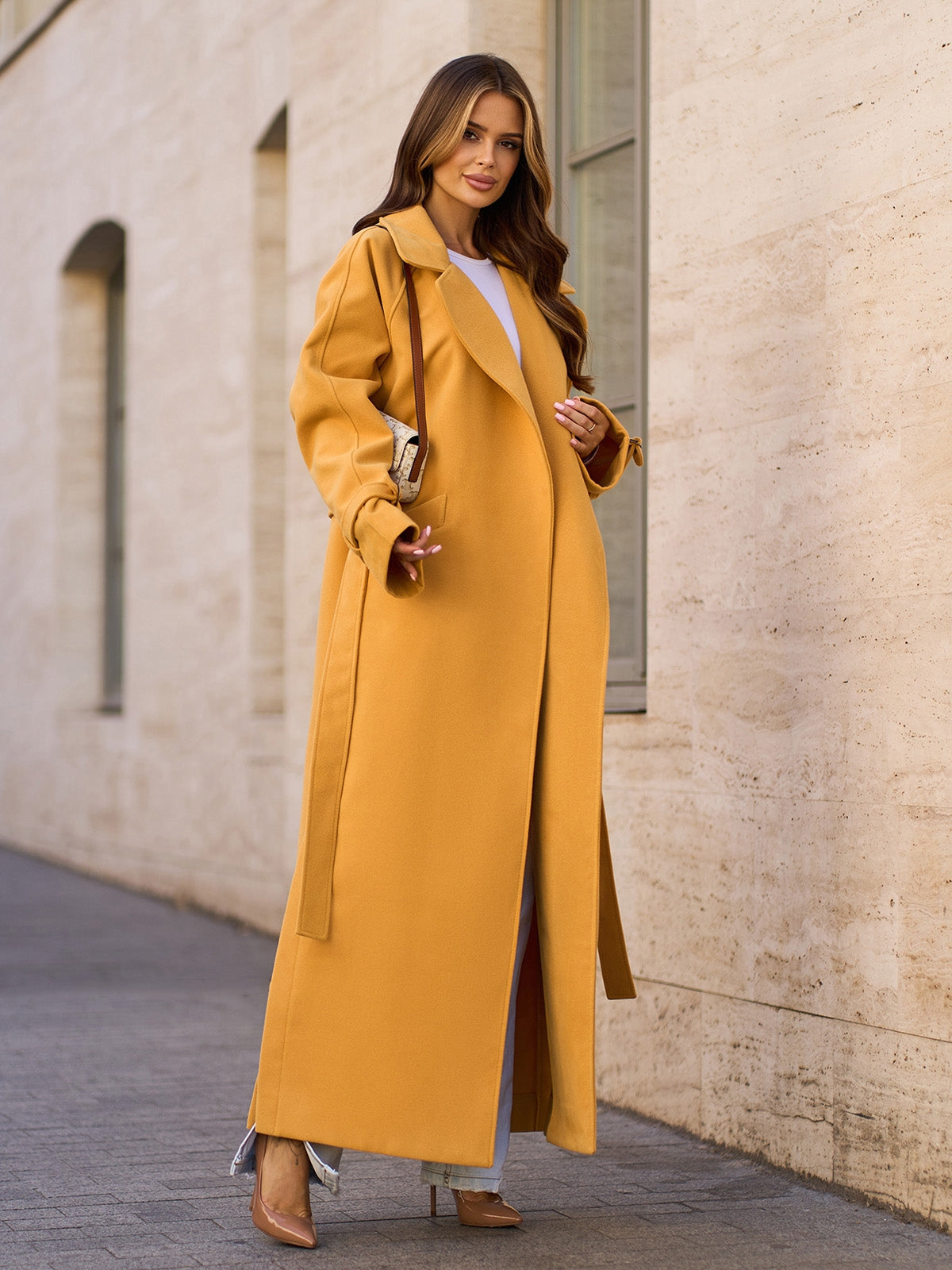 Mustard Long Coat with Side Slits-sku 15090