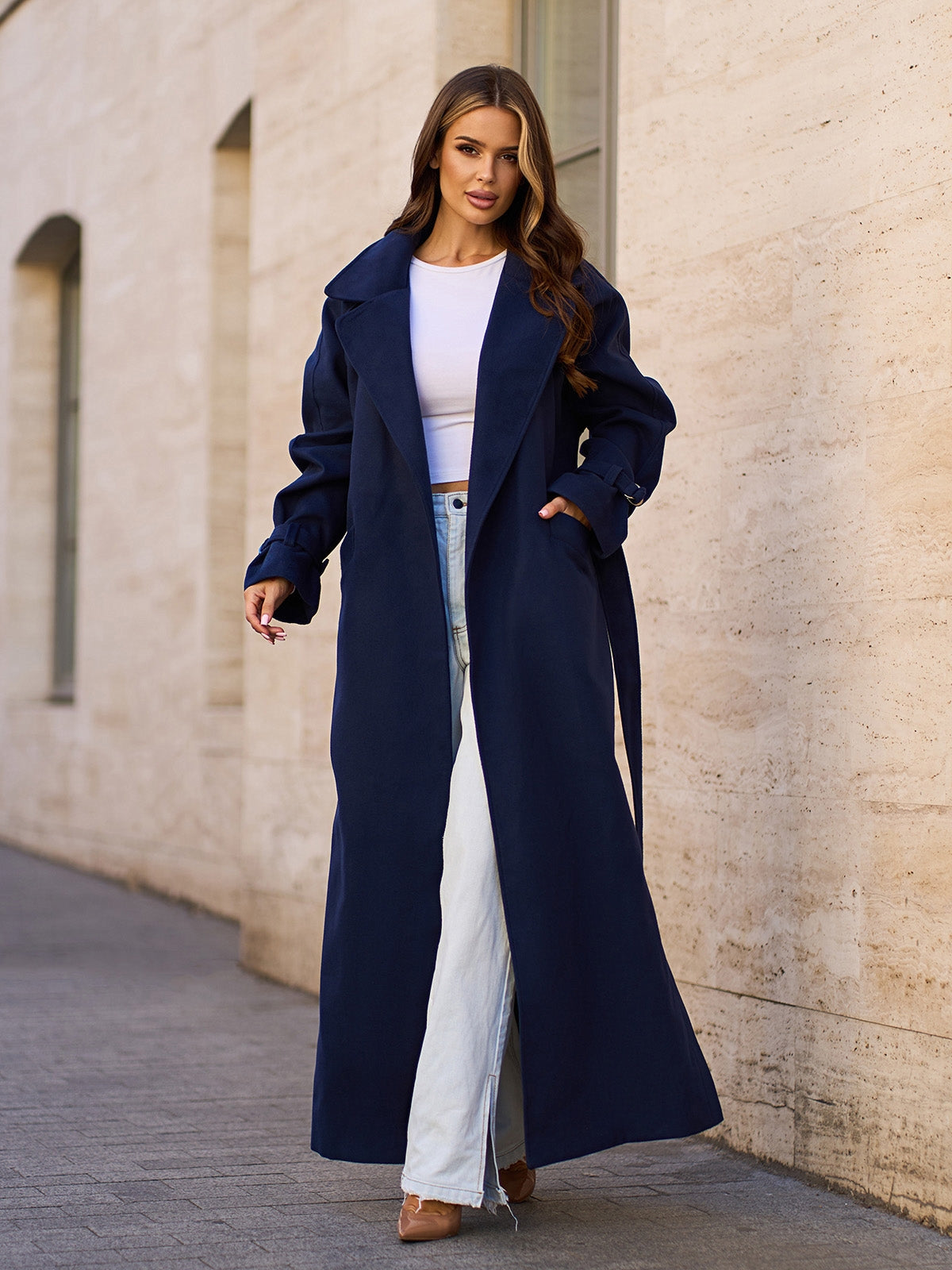 Dark Blue Long Coat with Side Slits-sku 15090