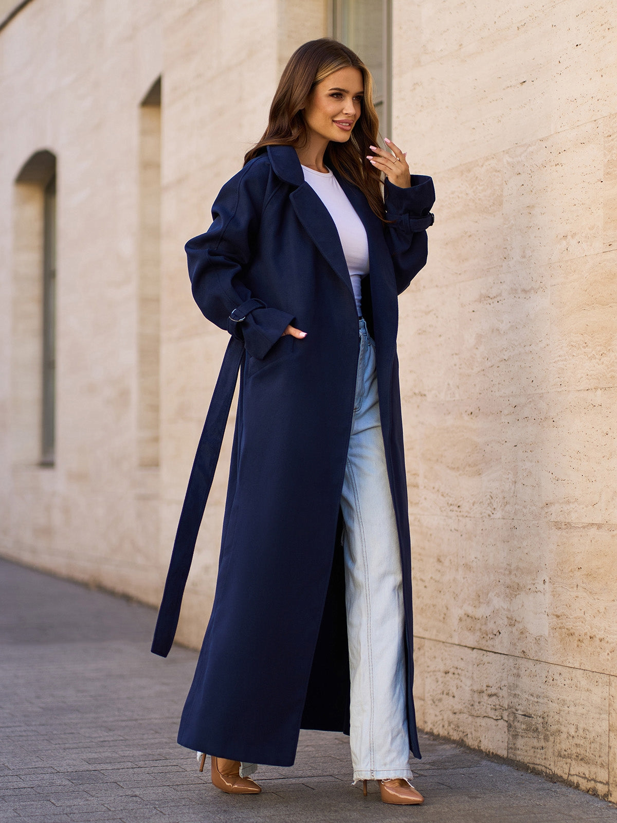 Dark Blue Long Coat with Side Slits-sku 15090