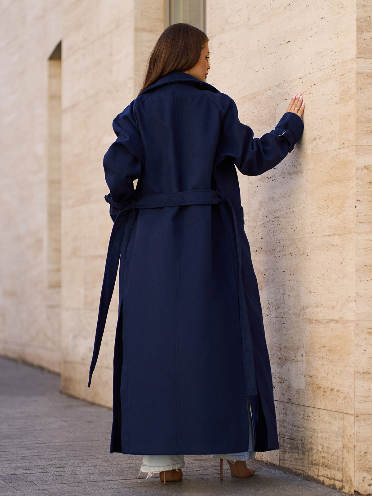 Dark Blue Long Coat with Side Slits-sku 15090