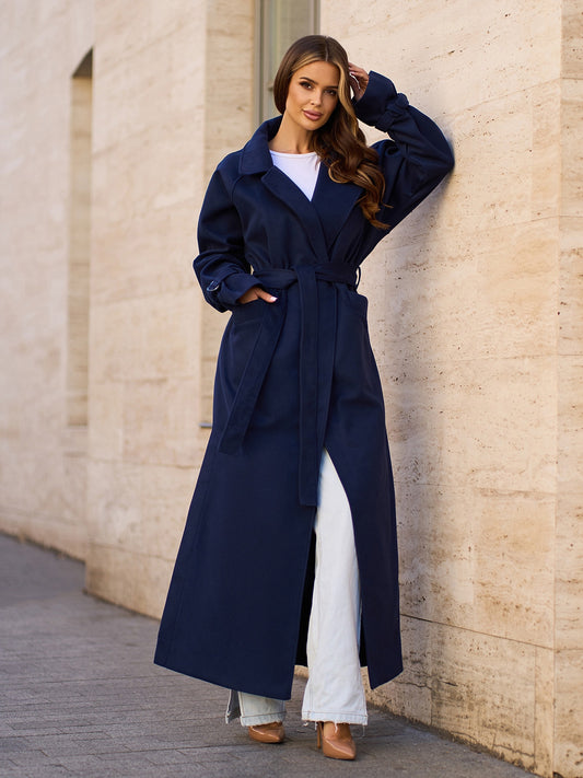 Dark Blue Long Coat with Side Slits-sku 15090