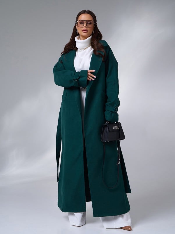 Green Long Coat with Side Slits-sku 15090
