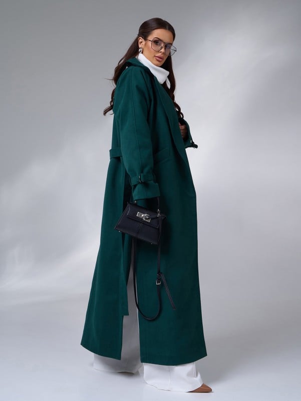 Green Long Coat with Side Slits-sku 15090