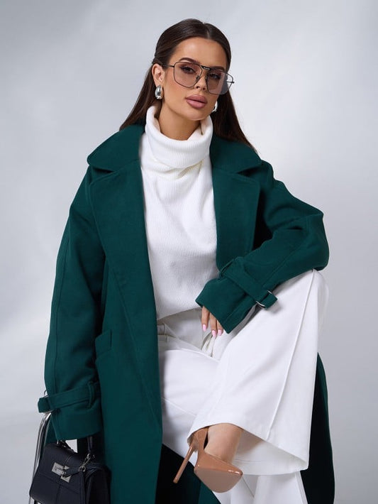 Green Long Coat with Side Slits-sku 15090