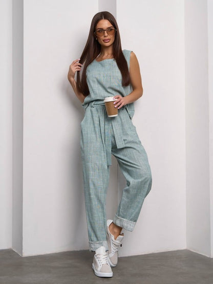 Olive linen pantsuit with a top- sku 15101