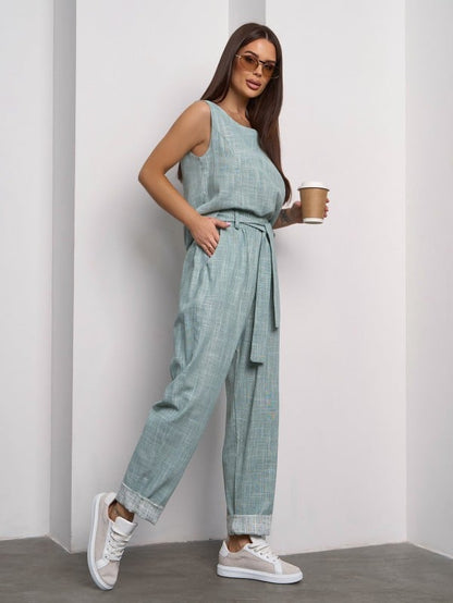 Olive linen pantsuit with a top- sku 15101