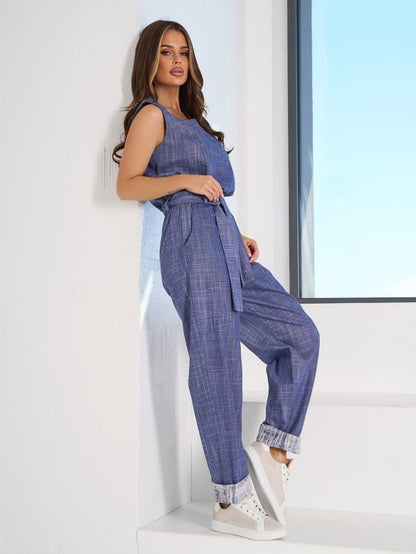 Blue linen pantsuit with top -sku 15101