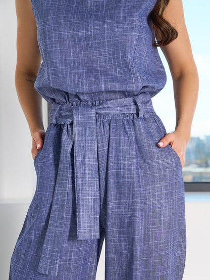 Blue linen pantsuit with top -sku 15101