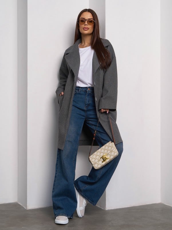 Gray Wool Coat with Knee Length-sku 15103