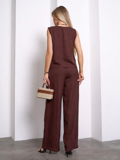 Dark brown linen suit with wide trousers -sku 15149