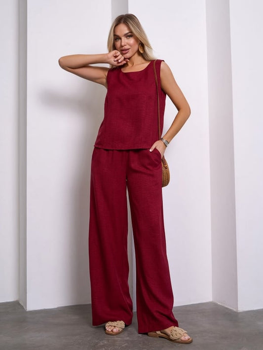 Burgundy linen suit with wide trousers- sku 15149