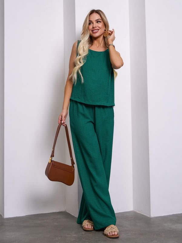 Green linen suit with wide trousers-sku 15149