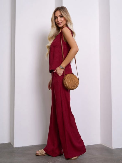 Burgundy linen suit with wide trousers- sku 15149