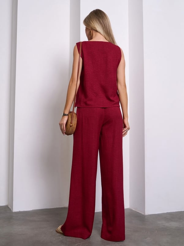 Burgundy linen suit with wide trousers- sku 15149