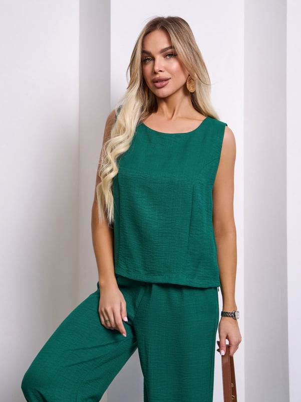 Green linen suit with wide trousers-sku 15149