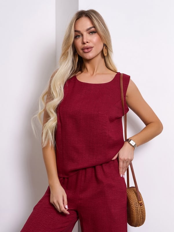 Burgundy linen suit with wide trousers- sku 15149