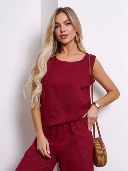 Burgundy linen suit with wide trousers- sku 15149