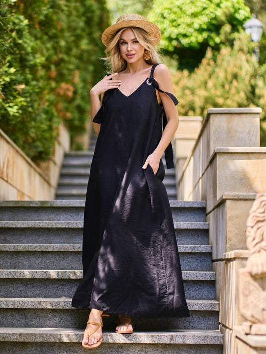 Black Linen Sarafan with Ties -sku 15156