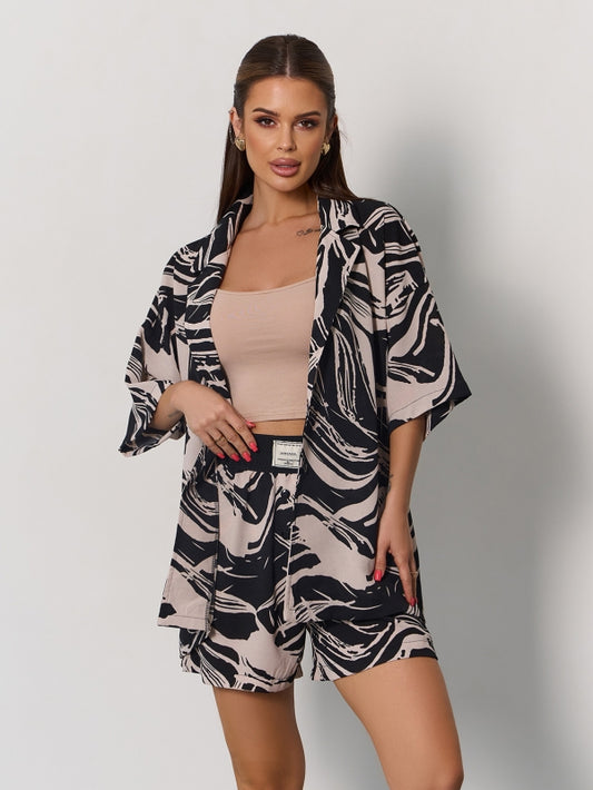 Black and Beige Suit with a Loose Shirt and Shorts- sku 15170