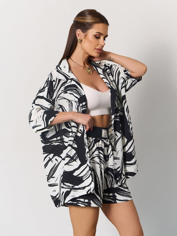 Black and white suit with loose shirt and shorts-sku  15170