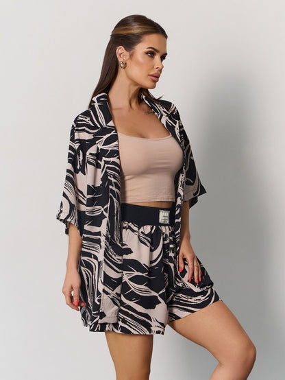 Black and Beige Suit with a Loose Shirt and Shorts- sku 15170